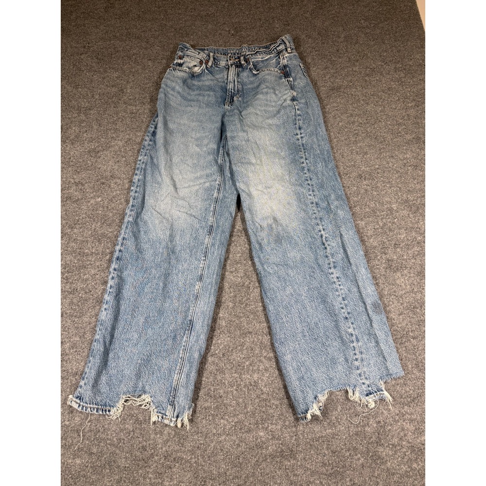 American Eagle Super High Rise Baggy Wide Leg Jeans Womens 8 Blue Denim Raw Hem